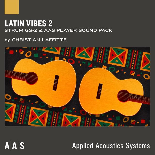 Latin Vibes 2 sound pack cover with two acoustic guitars and colorful Latin patterns by Christian Laffitte