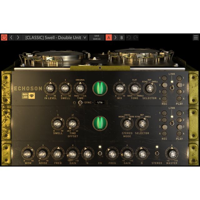 Echoson Swell Double Unit preset showing vintage golden delay interface with dual sections, VU meters and analog controls