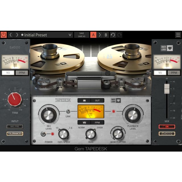 Tapedesk preset showing dual tape reels, VU meters, input/speed/limit controls, and blue output level knobs