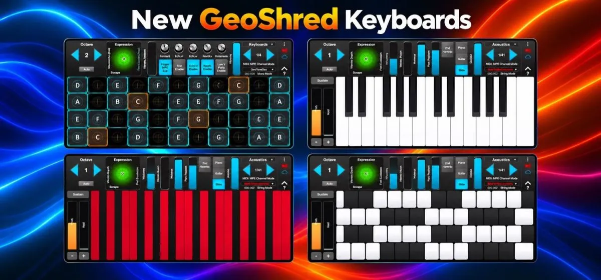 GeoShred playing surfaces showing the original isomorphic grid and new Piano, Uniform, and Janko keyboard layouts
