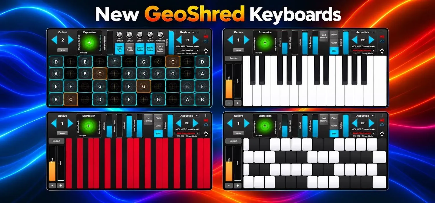 GeoShred playing surfaces showing the original isomorphic grid and new Piano, Uniform, and Janko keyboard layouts