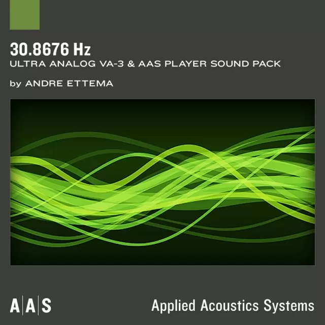 30.8676 Hz sound pack cover with green wavy waveform pattern on dark background