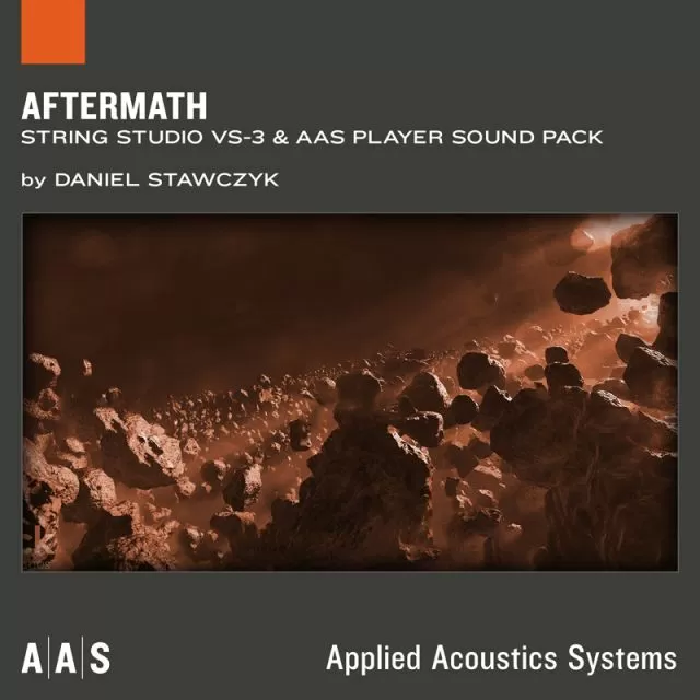 Aftermath sound pack cover showing dramatic rocky landscape with brown and orange terrain formations by Daniel Stawczyk