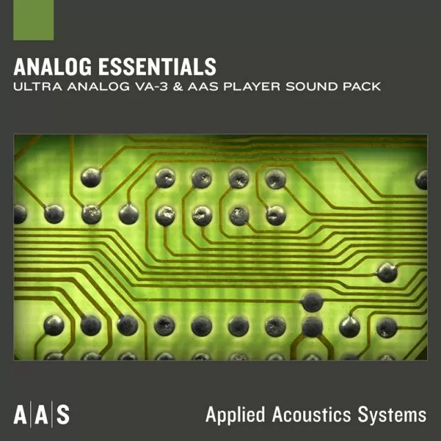 Analog Essentials sound pack cover showing green circuit board with metallic knobs and connection traces on dark bg