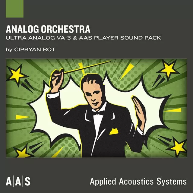 Analog Orchestra artwork featuring tuxedo-clad conductor with raised hands on green art deco background with yellow stars