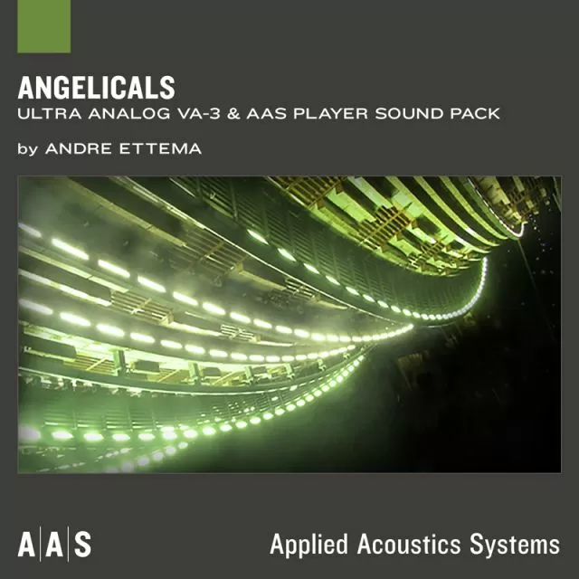 Angelicals sound pack cover showing curved architectural space with flowing green LED light strips by Andre Ettema