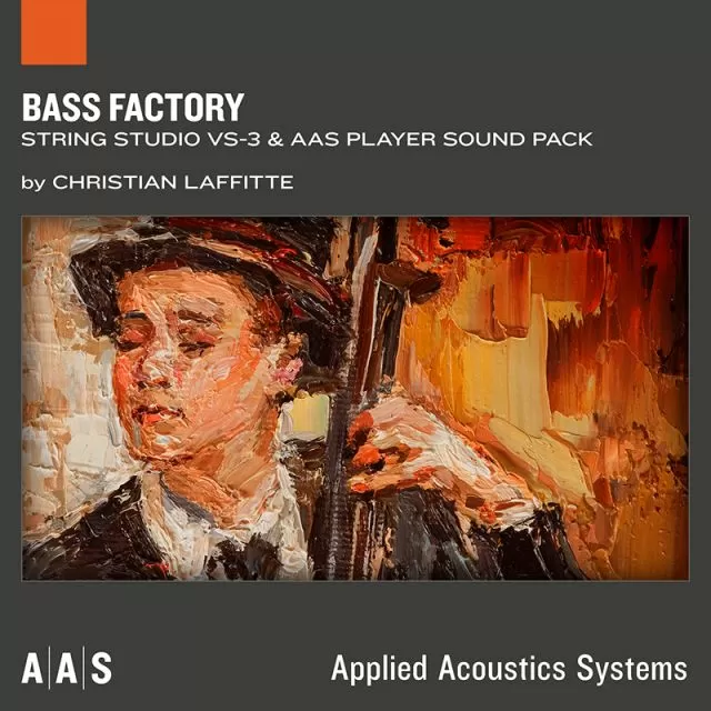 Bass Factory Sound Pack featuring classical oil painting style portrait in warm orange and brown tones with expressive brushwork by Christian Laffitte