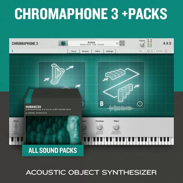 Chromaphone 3 + Packs teal product cover showing acoustic object synthesizer interface with keyboard and sound packs