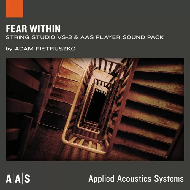 Fear Within sound pack cover with aerial view of spiral staircase in dark orange tones by Adam Pietruszko