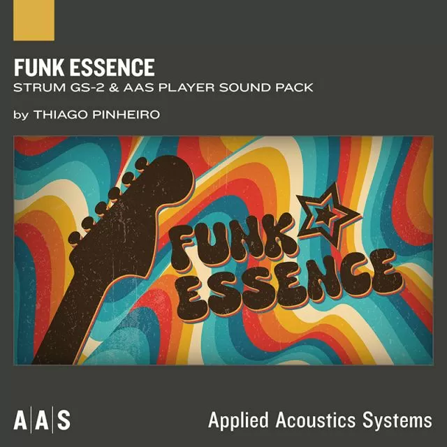 Funk Essence sound pack cover featuring retro-style design with colorful rainbow background and groovy typography by Thiago Pinheiro