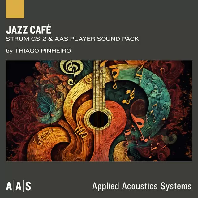 Jazz Café sound pack cover featuring artistic guitars with colorful swirling patterns and musical notes by Thiago Pinheiro