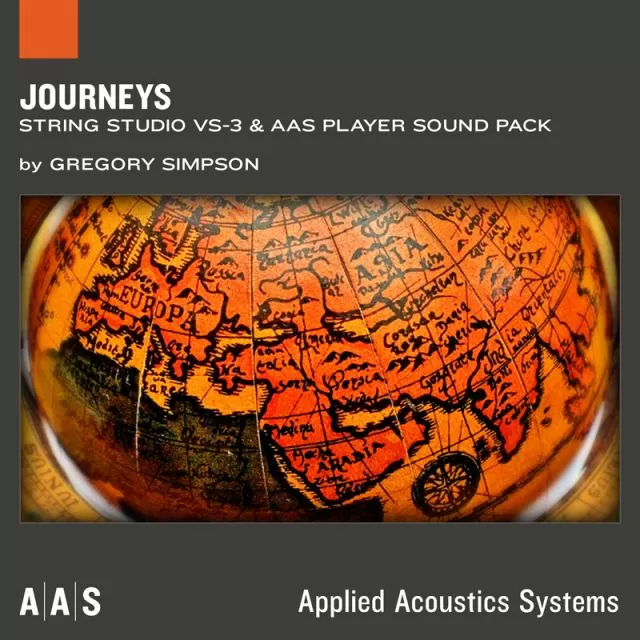 Journeys sound pack cover showing antique orange globe with vintage cartographic details by Gregory Simpson