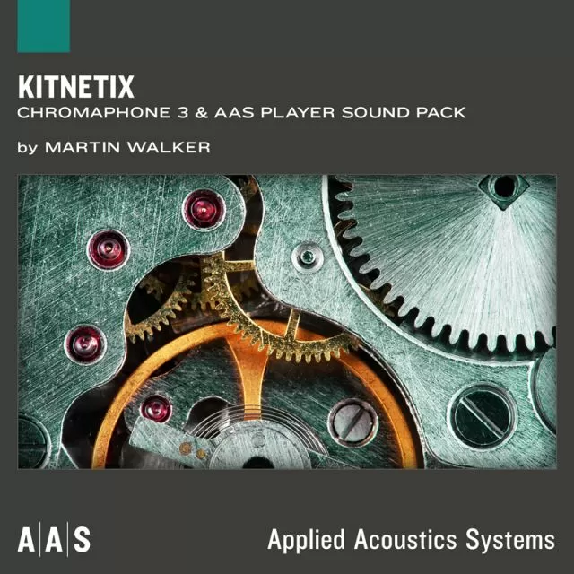 KitNetix sound pack cover with intricate golden and silver mechanical gears on teal background by Martin Walker