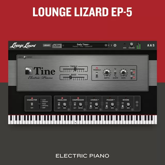 Lounge Lizard EP-5 electric piano software interface showing vintage tine piano controls and performance parameters