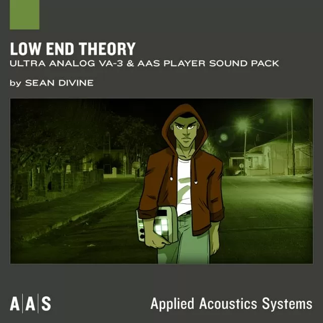 Low End Theory sound pack cover with character holding boombox in urban nighttime scene by Sean Devine