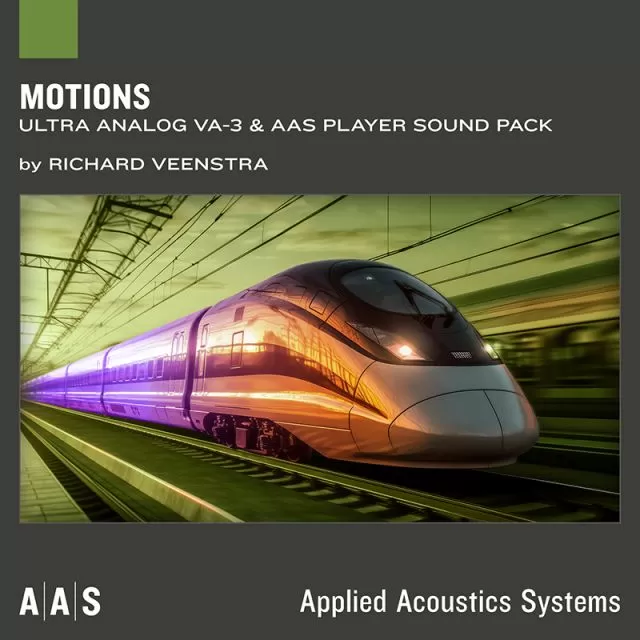 Motions sound pack cover featuring high-speed train with purple and orange lighting effects in futuristic railway station by Richard Veenstra
