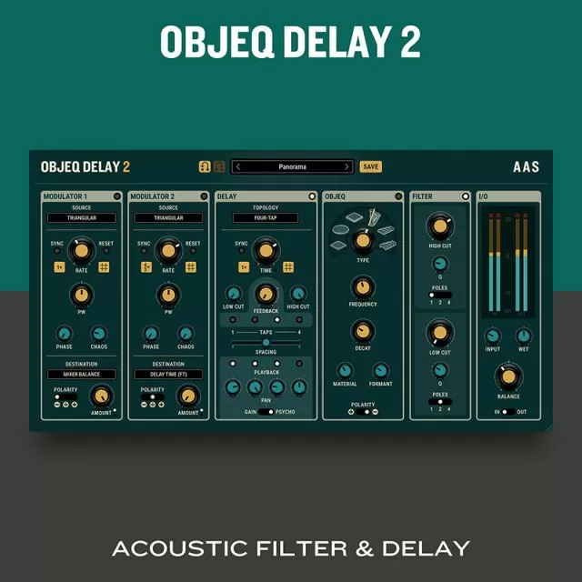 Objeq Delay 2 physical modeling delay plugin interface with acoustic filter and delay engine, featuring modulation controls, psychoacoustic panning, and multi-tap delay processing