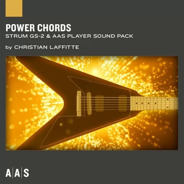 Power Chords sound pack cover with electric guitar silhouette on golden bokeh background by Christian Laffitte