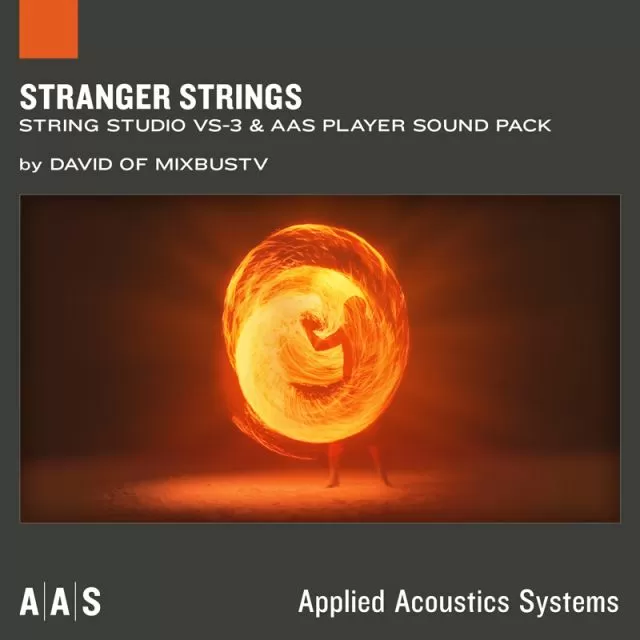 Stranger Strings sound pack cover with figure silhouette and glowing orange spiral vortex by David of MixbusTV