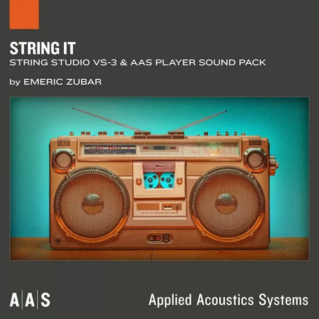 String It sound pack cover featuring vintage boombox radio with turquoise background by Emeric Zubar