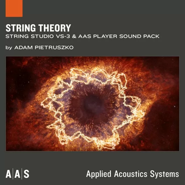 String Theory sound pack cover with bright energy star pattern on fiery orange nebula background by Adam Pietruszko