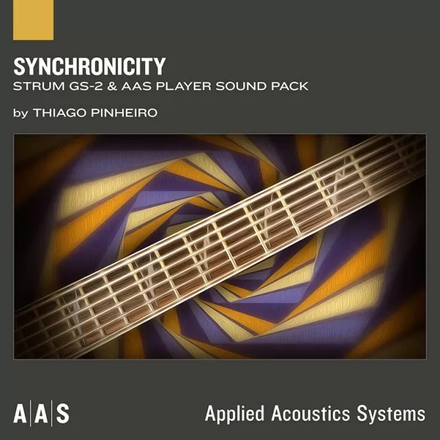 Cover art for Synchronicity Strum GS-2 Sound Pack by Thiago Pinheiro, featuring an abstract, swirling background and stylized guitar fretboard.