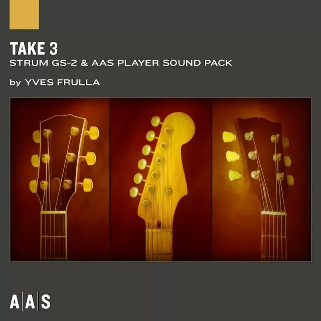 Three guitar headstocks with tuning pegs in warm golden lighting for Take 3 Strum GS-2 sound pack by Yves Frulla