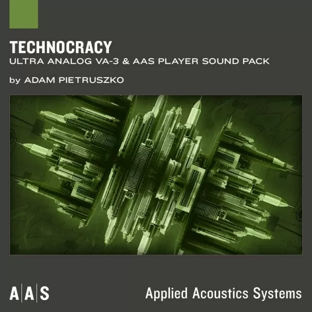 Technocracy sound pack cover with futuristic green geometric cityscape by Adam Pietruszko