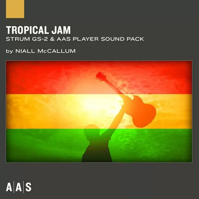 Tropical-themed guitar interface with palm trees and vibrant colors, featuring reggae and island music production elements