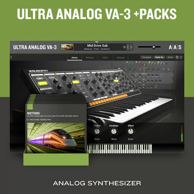 Ultra Analog VA-3 virtual analog synthesizer interface with keyboard, sound packs, and analog synthesis controls