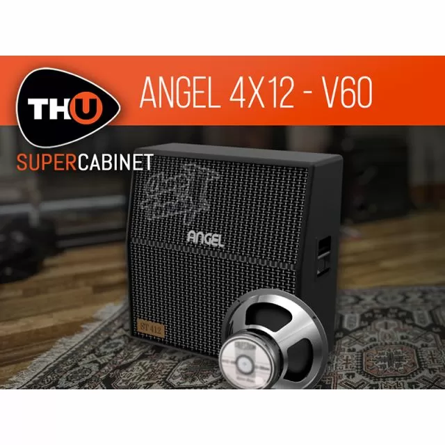 Black Angel 4x12 cabinet with embossed Chop Tones logo, Angel text, 4x12 badge, silver speaker, THU SuperCabinet