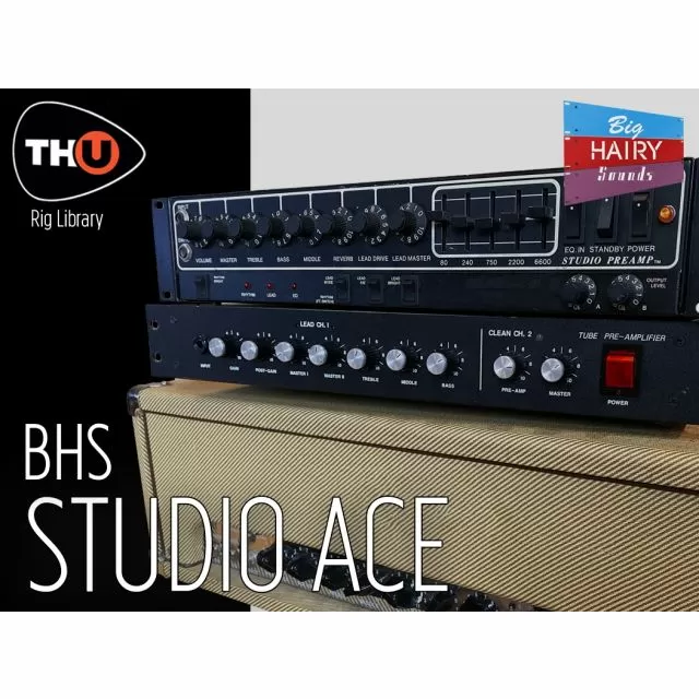 Professional recording studio setup featuring blue guitar amplifier and studio preamp for BHS Studio Ace