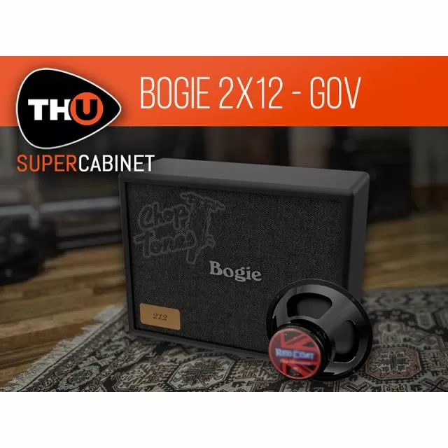 Black Bogie 2x12 cabinet with embossed Chop Tones logo, Bogie script, 212 badge, black speaker, THU SuperCabinet