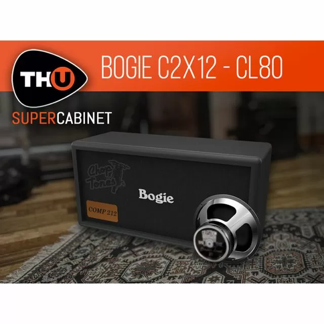 Black Bogie 2x12 cabinet with embossed Chop Tones logo, Bogie script, COMP 212 badge, chrome speaker, THU SuperCabinet