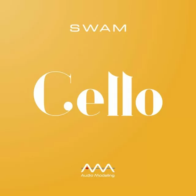 SWAM Cello promotional graphic with green background and Audio Modeling branding logo