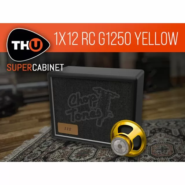 Black Chop Tones 1x12 cabinet with embossed logo, 1x12 badge, yellow speaker with silver center, THU SuperCabinet branding