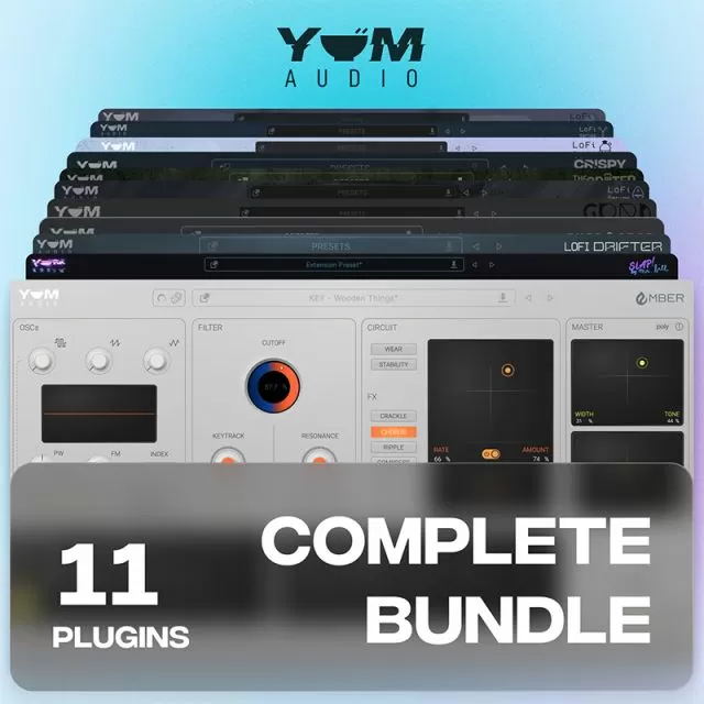 Yum Audio Complete Bundle showing eleven professional music production plugins synthesizers and effects stacked display