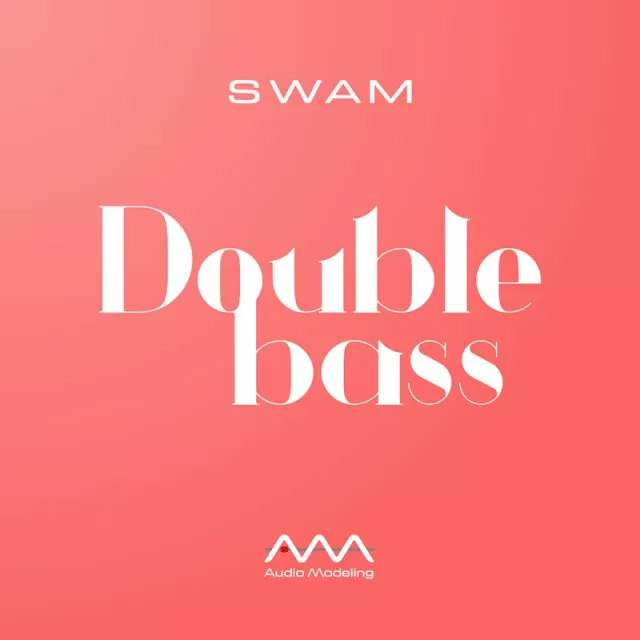 SWAM Double Bass promotional graphic with coral background and Audio Modeling branding logo