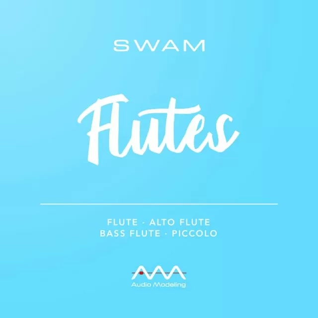 SWAM Flutes promotional logo featuring bright turquoise background with elegant white script lettering displaying instrument types