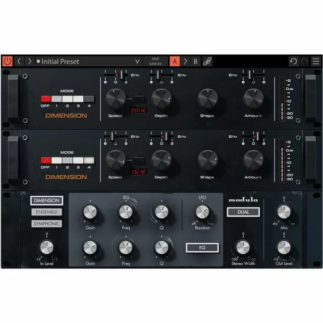 Complete Gem Modula interface showing all three chorus/modulation units: Dimension, Ensemble and Symphonic stacked