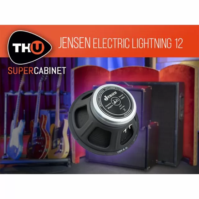 Jensen Electric Lightning 12 speaker with silver center on black cabinet, colorful background, THU SuperCabinet