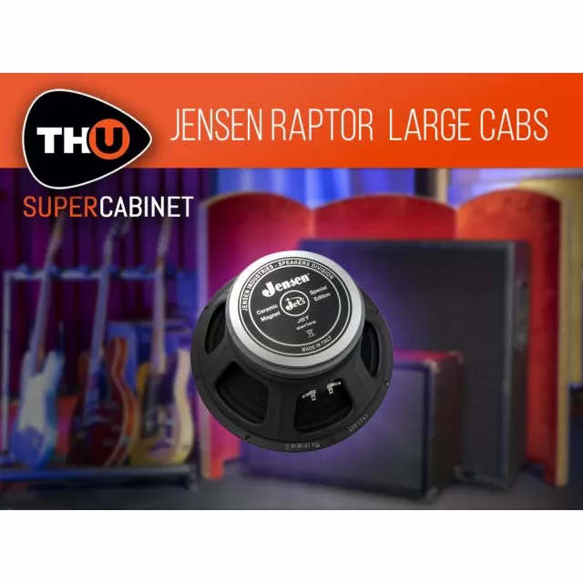 Black Jensen Raptor speaker with gray cabinet, colorful background cabinets, and THU SuperCabinet orange branding