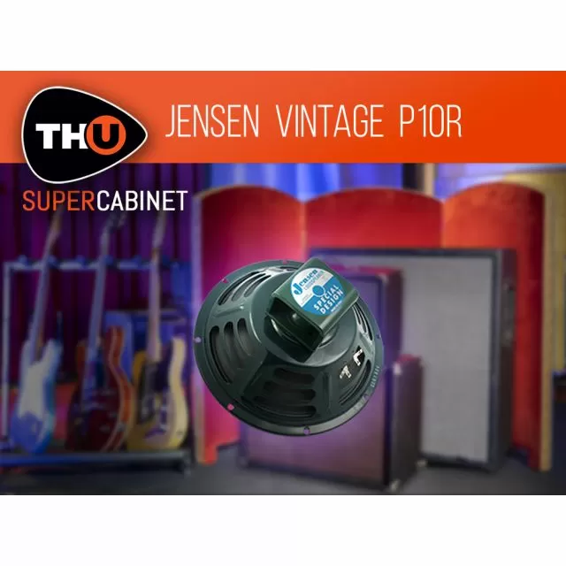 Black Jensen Vintage P10R speaker with gray cabinet, colorful background cabinets, and THU SuperCabinet orange branding