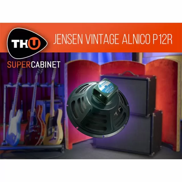 Black Jensen Vintage Alnico speaker with gray cabinet, red background cabinets, guitars, and THU SuperCabinet branding