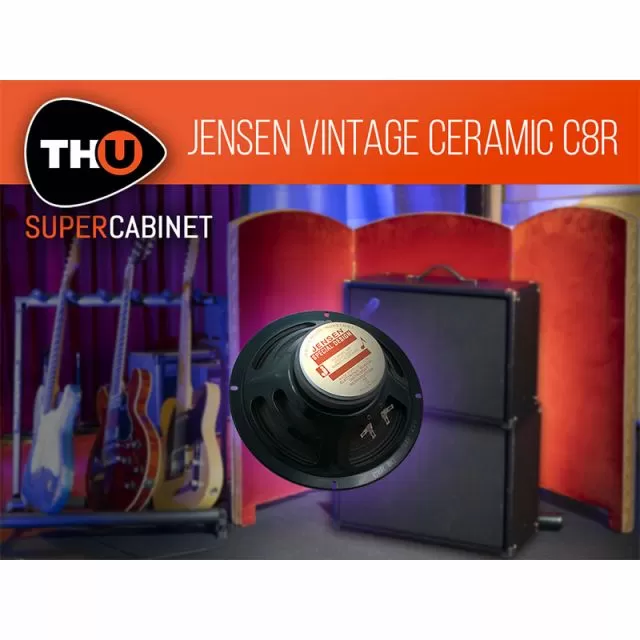 Black Jensen Vintage Ceramic speaker with gray cabinet, red background cabinets, guitars, and THU SuperCabinet branding