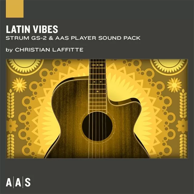 Latin Vibes sound pack cover with acoustic guitar on golden background with sun and wheat designs by Christian Laffitte