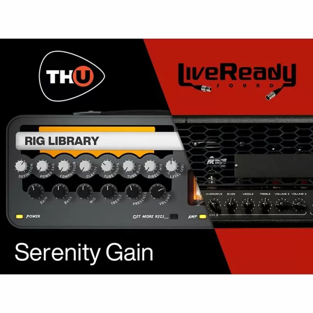 Dark software interface showing multiple control parameters and settings for LRS Serenity Gain Rig Library