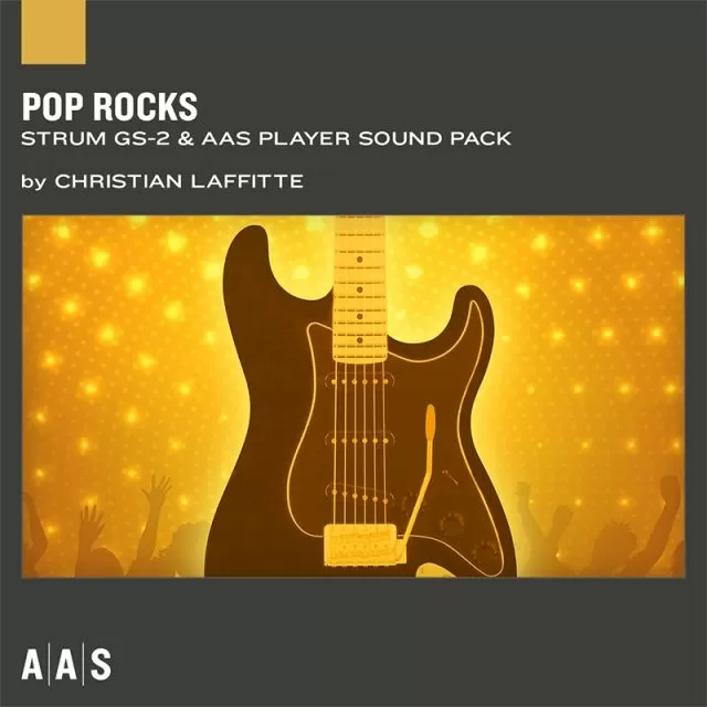 Pop Rocks sound pack cover featuring stylized electric guitar silhouette against golden starry background with AAS branding