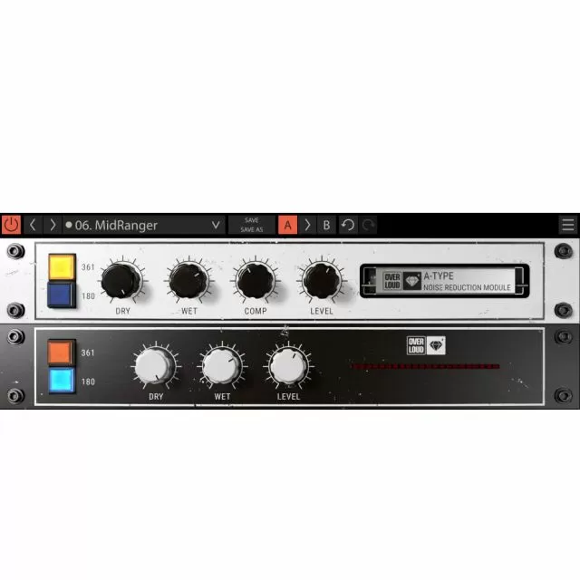 Dopamine MidRanger preset with dual frequency band controls, dry/wet/comp/level knobs, output meters