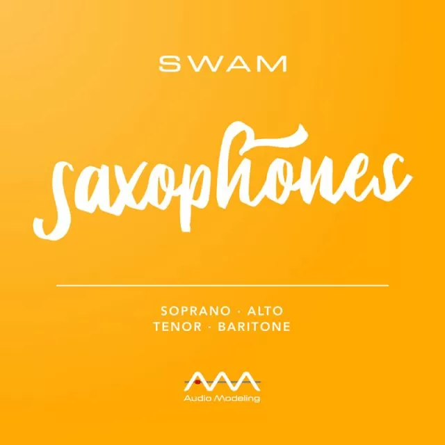 SWAM Saxophones promotional logo featuring bright orange background with elegant script lettering and Audio Modeling branding for soprano, alto, tenor, and baritone saxophone instruments